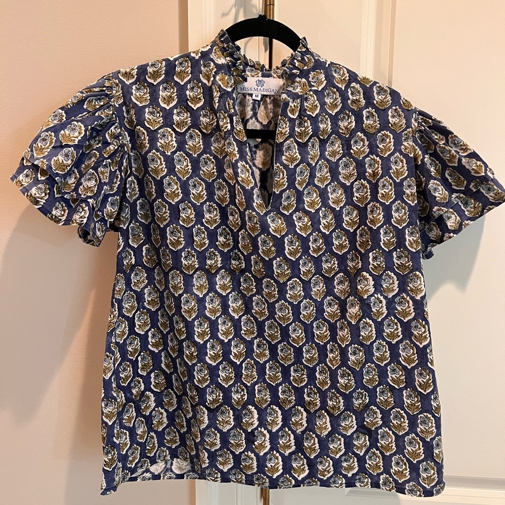 Miss Madison Blockprint Floral Short Sleeve Blouse